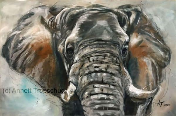 Tiermalerei Originalwerk, Elefant, Acryl auf Leinwand 90x60 cm