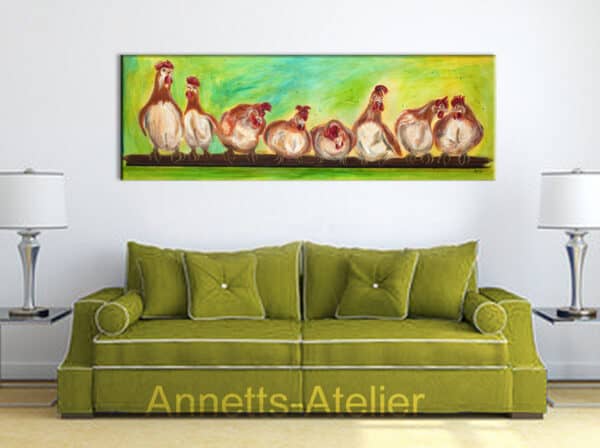 Moderne Tiermalerei Originalwerk, Neulich im Hühnerstall, Acryl auf Leinwand 120x40 cm