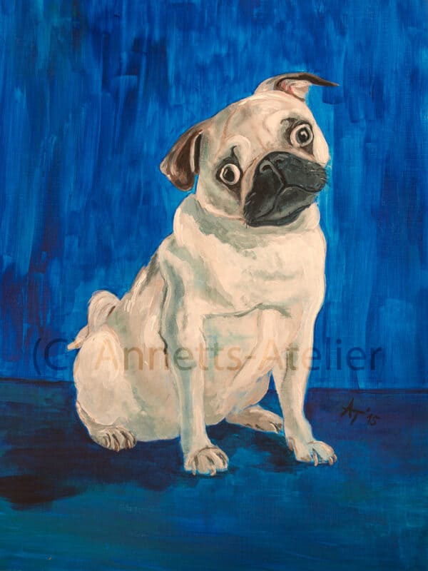 Moderne Tiermalerei Originalwerk, Hund Mops Acryl auf Hahnemühle Karton 30x40 cm